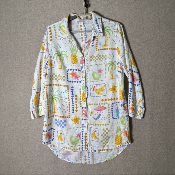 Calypso St Barth Tunic Womens XL Tropical Linen Blend Resort Beach Shirt Coverup - Picture 4 of 12
